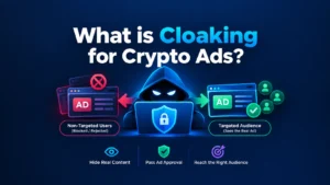 What is cloaking for crypto ads illustration showing ad filtering, a cybersecurity shield, and targeted advertising