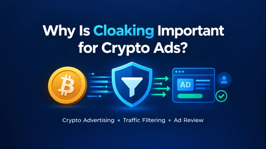 Why cloaking is important for crypto ads illustration showing Bitcoin, traffic filtering, and an ad review shield